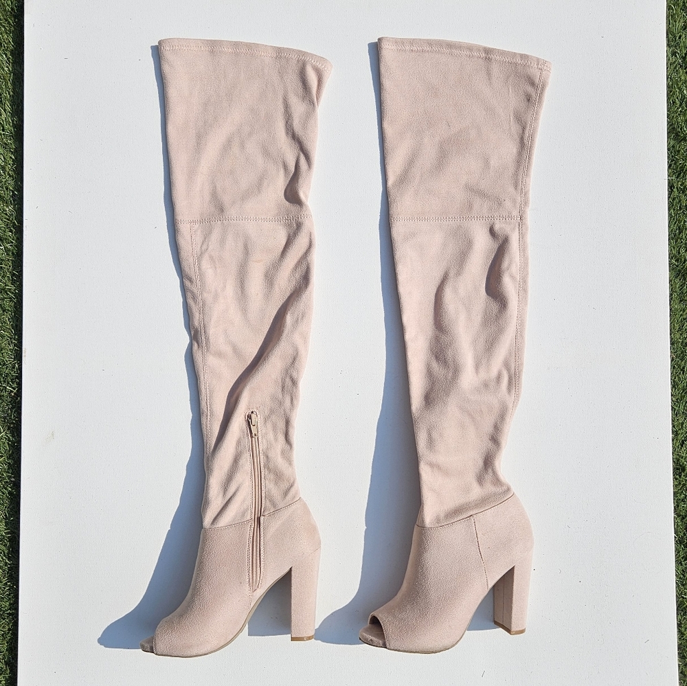 Over the Knee High Light Pink Open Toe Heel Shoes